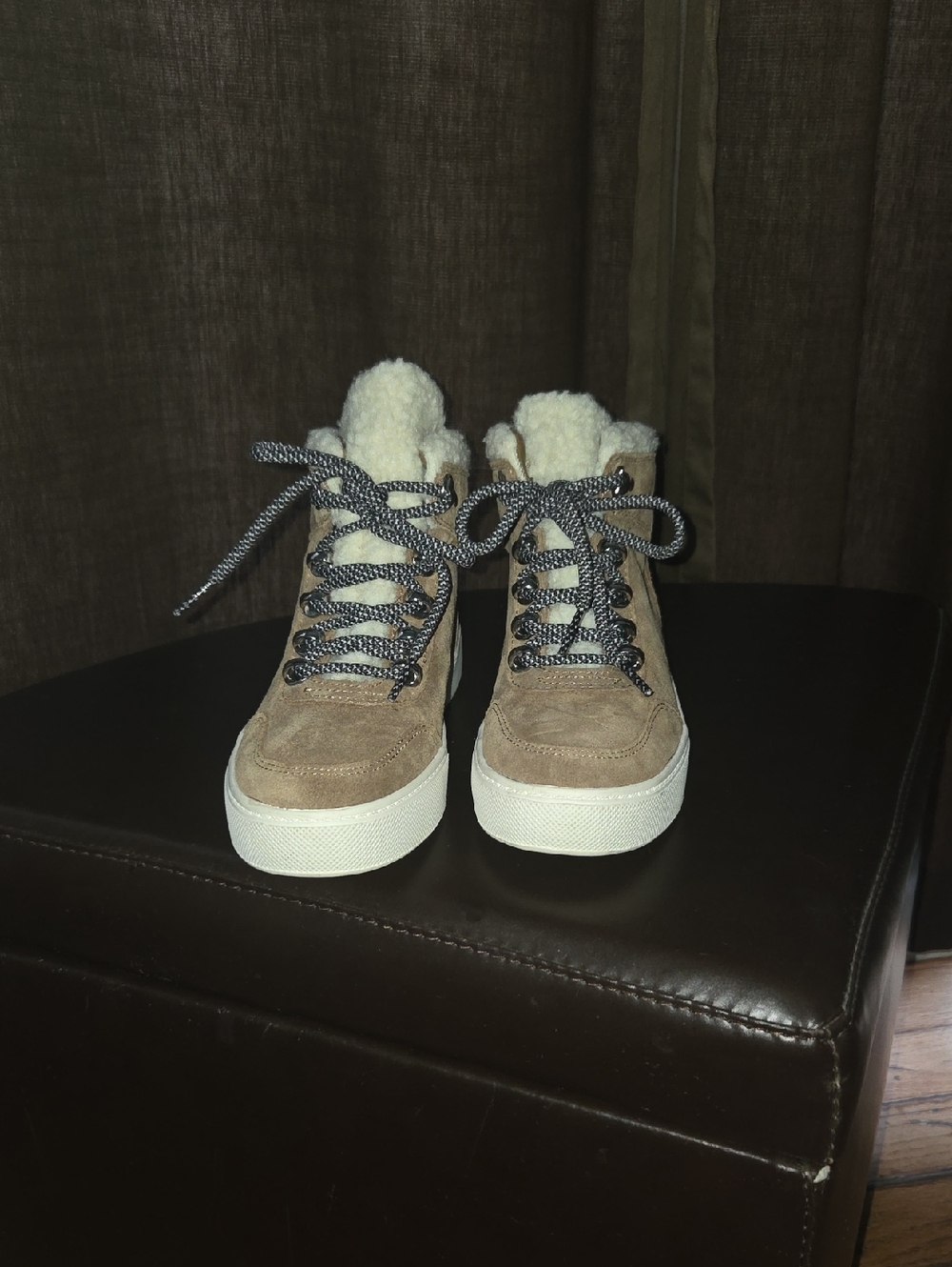 Marc Fisher Tan Suede Faux-Shearling Lace-Up Booties with White Sole